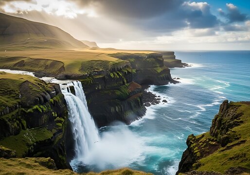 Dramatic waterfall plunges from moss covered cliffs into the vast ocean under dynamic sky