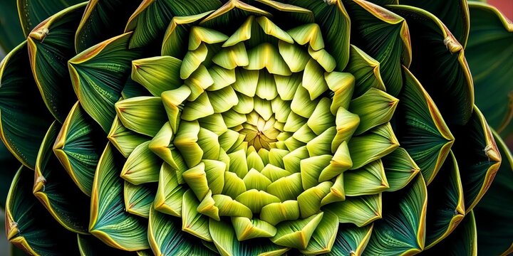 Intricate spiral arrangement of artichoke bracts, showcasing Fibonacci sequence, botanical, closeup