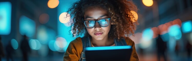 Young girl works on digital tablet in dark room. Kid with glasses learns online, studies in evening with futuristic tech light. Child uses device in cyberspace.