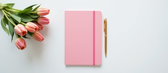 A pink notebook and pen beside a bouquet of tulips on a white background.