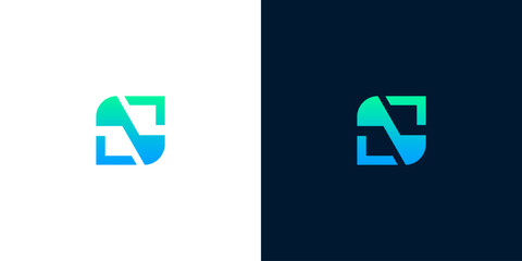 Dynamic abstract geometric logo design featuring a sleek green to blue gradient, symbolizing connection, flow, and digital advancement, ideal for modern technology branding