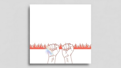 Two fists raised in protest with flames rising up from bottom on white background with activism