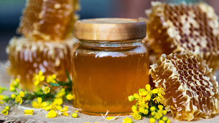 Sweet Golden Honey in a Glass Jar with Honeycomb and Yellow Flowers