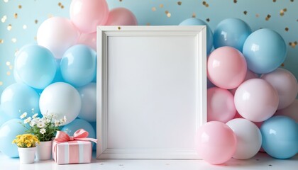 Empty frame sits by pink gift box. Blue and pink balloons surround decor. Baby shower party setup with flowers. Expecting parents celebration detail.