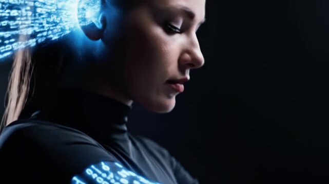 A person's arm and hand covered in glowing blue circuit board and binary code patterns on a dark background