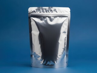 Shiny silver foil pouch against blue background