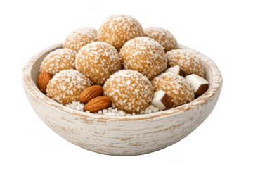 Traditional indian coconut laddu sweet balls with almonds in a white bowl, ready for serving on a transparent background