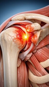 Office shoulder joint pain injury tendon ligament bone muscle inflammation arthritis syndrome medical illustration showing chronic degenerative bone cartilage detail with inflamed tendon ligament