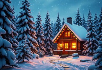 Fototapeta premium A whimsical winter scene featuring a cozy cabin nestled amongst snow-covered evergreens, illuminated by warm firelight, enchanted, snow