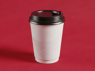 Single disposable coffee cup with black lid on red background