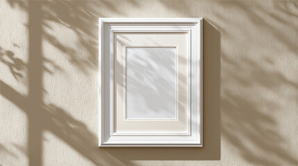 An elegant framed artwork hanging on a wall, with sunlight casting shadows. The frame is simple yet stylish, accentuating the art