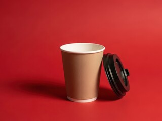 Single disposable coffee cup with lid on red background