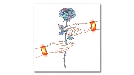 Hands with glowing cuffs offering and receiving a blue rose symbolizing forbidden love with art