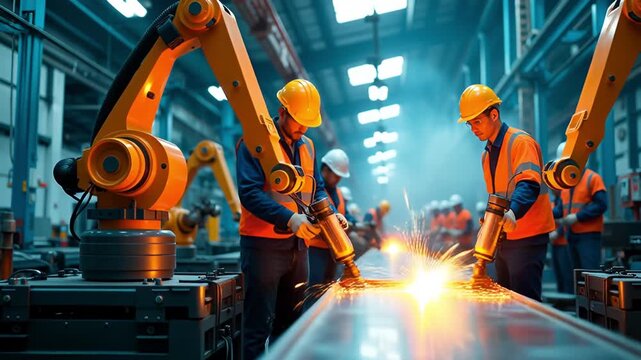 Industrial Factory Scene with Robotic Arms and Workers Grinding Metal image photo