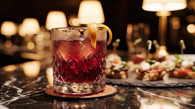 A close-up of a beautifully crafted cocktail garnished with a lemon twist, placed on a marble table next to an assortment of bite-sized appetizers, softly illuminated by warm ambient light