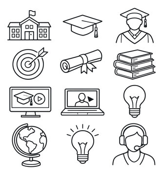 Line art education icons set featuring school, graduation, books, online learning, and knowledge symbols for academic success and e-learning