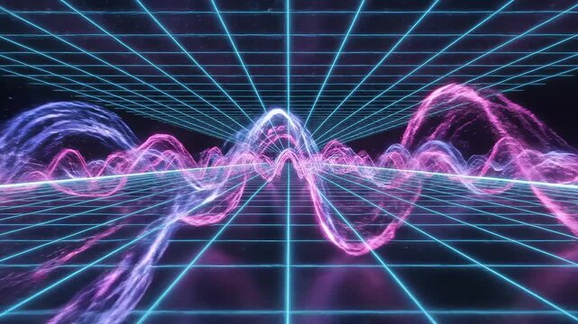 Neon grid tunnel with central pink shape