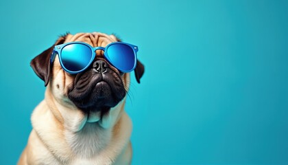 Fototapeta premium Funny pug dog wearing blue sunglasses against a bright blue background. This cute pet has wrinkled face and looks cool. Great for summer themes and pet related content.