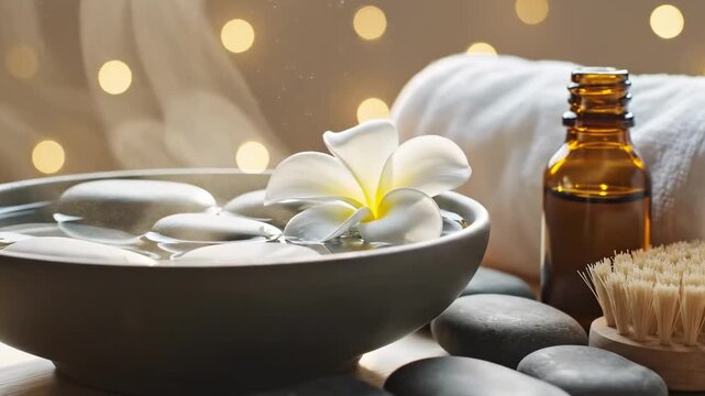 A serene spa setting featuring a bowl of water with floating flowers, smooth stones, an essential oil bottle, a soft towel, and a natural brush, all combined for relaxation and self-care