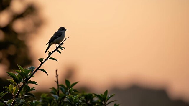 Silhouette of a small bird perched on a thin branch against a warm sunset sky tree branch