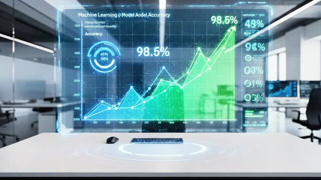 A futuristic office workspace with a transparent screen displaying various graphs and statistics, sitting on a sleek white desk with a computer and mouse