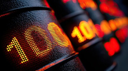 A close-up of barrels displaying digital numbers, emphasizing a modern and industrial aesthetic with vibrant colors.