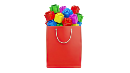 Red Shopping Bag Overflowing with Colorful Gift Boxes