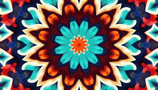 Intricate colorful kaleidoscope pattern with symmetrical floral design and vibrant rainbow hues. Abstract geometric shapes repeat radially creating a mesmerizing visual effect. - Powered by Adobe