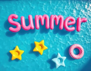 Pink summer inflatable letters float on blue water. Yellow star floats. Bright donut float. Summer party banner concept. Season vacation vibe. Pool time fun mood advertisement.