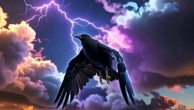 A majestic raven soars through a stormy sky, illuminated by vibrant lightning.
