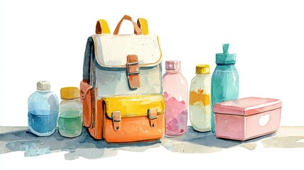 A colorful backpack surrounded by various bottles and containers, showcasing a playful and creative arrangement.
