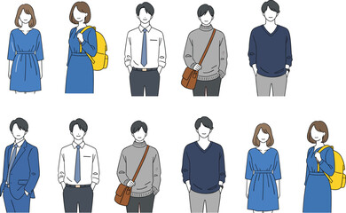 Minimal Fashion People Illustration Set, Casual Men and Women Characters in Modern Outfit, Flat Line Vector Style