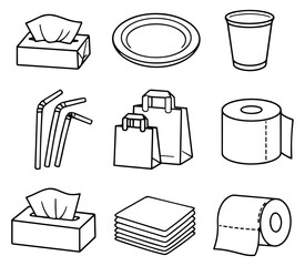 Hand drawn disposable products set featuring paper plates, cups, napkins, and toilet paper for convenience and hygiene