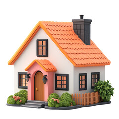 Cute 3D House Model With An Orange Roof And Neat Landscaping. Great For Real Estate Or Architecture Visuals.