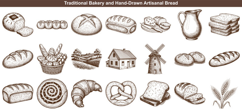 Engraving style hand drawn sketches depicting various artisanal bread types and traditional bakery elements