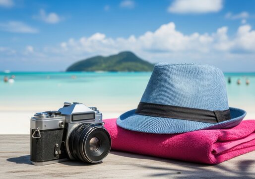Vintage camera and blue fedora hat on a pink towel on a wooden table at a tropical beach with turquoise water and green island