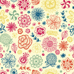 Hand drawn doodle wildflowers colorful seamless pattern