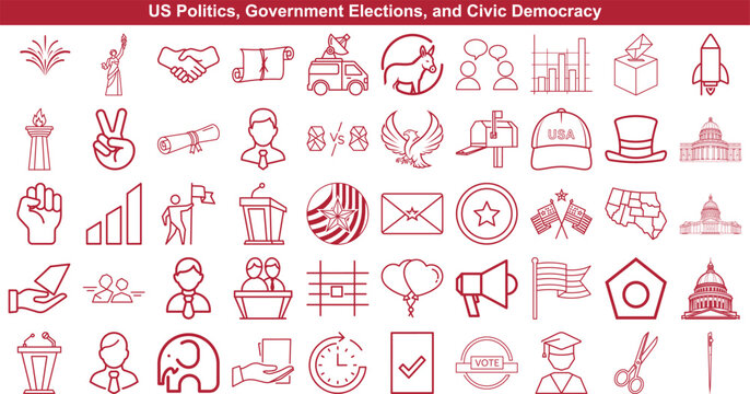 US politics government and election icons set illustrating civic democracy and voting concepts