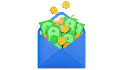 Blue Envelope Overflowing with Cash and Coins