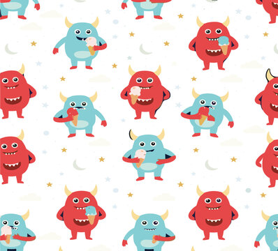 Cute Monster Seamless Pattern Vector with Funny Cartoon Creatures Eating Ice Cream for Kids, Nursery and Playful Design