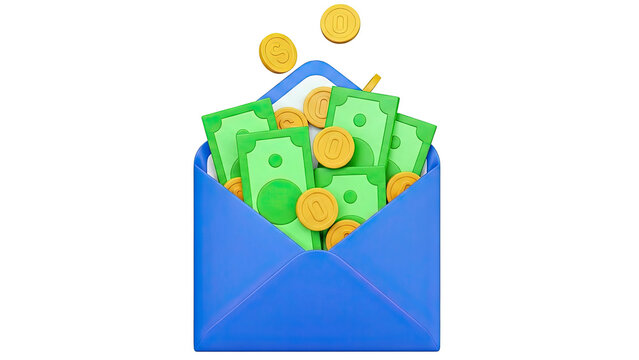 Blue Envelope Overflowing with Cash and Coins