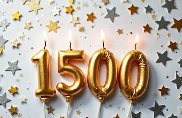 Golden candles form number 1500. Stars decoration background. Achievement celebration for social media followers. Festive card for network account subscribers. Congratulatory banner for fifteen