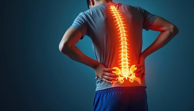 Man holds lower back in pain. Backache concept with glowing spine, discomfort from lumbar injury, muscle inflammation, spinal problem, chronic ache, rheumatism sciatica symptom. Health, medical
