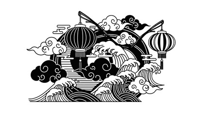 Chinese traditional vector illustration with lanterns, waves, and clouds design art, black and
