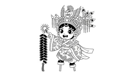 Chinese Opera Performer with Firecrackers, Celebrating Festive Traditions Line Art