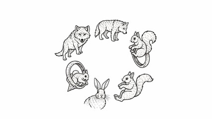 Whimsical Forest Friends: Hand-Drawn Animals in a Circular Design on White Background