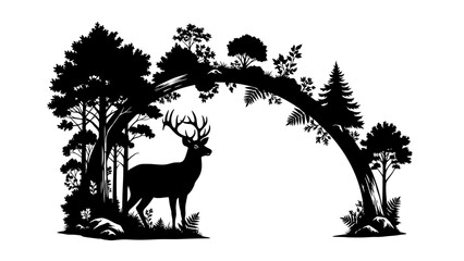 Elegant silhouette of a deer in a forest archway capturing nature's beauty in monochromatic design