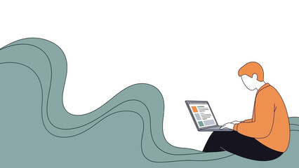 Man Working on Laptop with Abstract Background: Home Office Productivity Scene