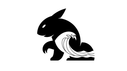 Black and white illustration of a stylized rabbit with an ocean wave element showing design and