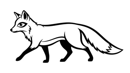 Elegant black and white illustration of a walking fox with a bushy tail character
